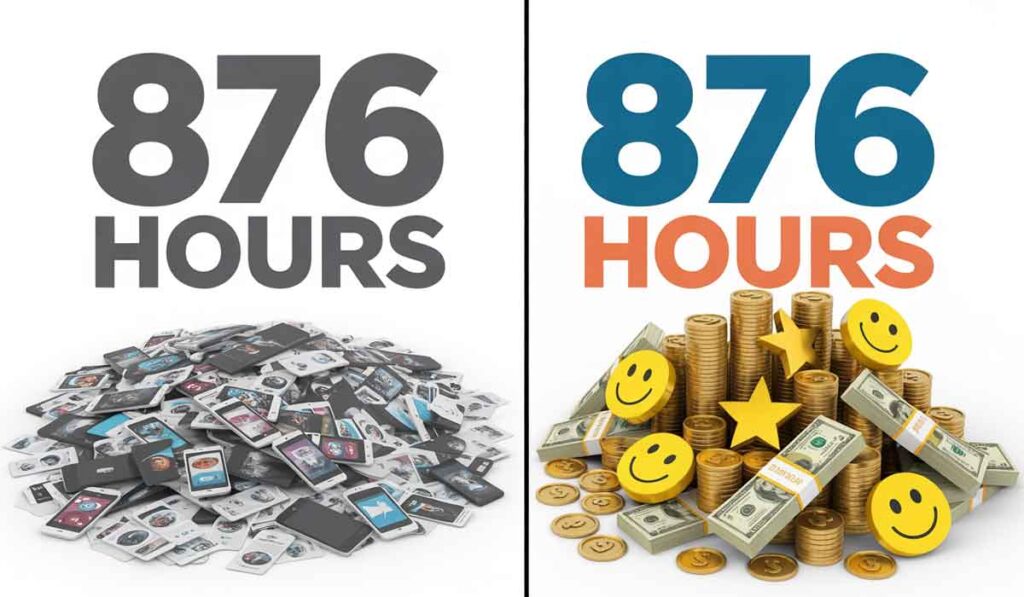 A split image comparing 876 hours spent doomscrolling on scattered smartphones on the left and 876 hours with stacks of coins, bills, and smiley faces on the right.