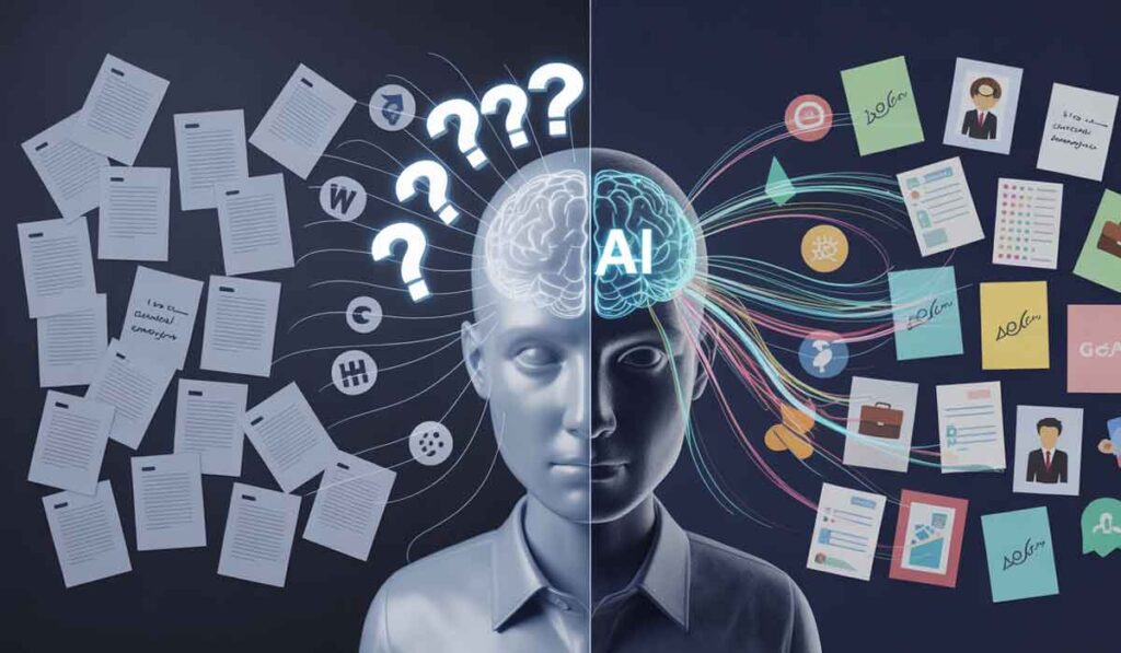A split image showing a human figure with a brain labeled "AI," surrounded by question marks, paper documents on one side, and digital data and icons on the other.
