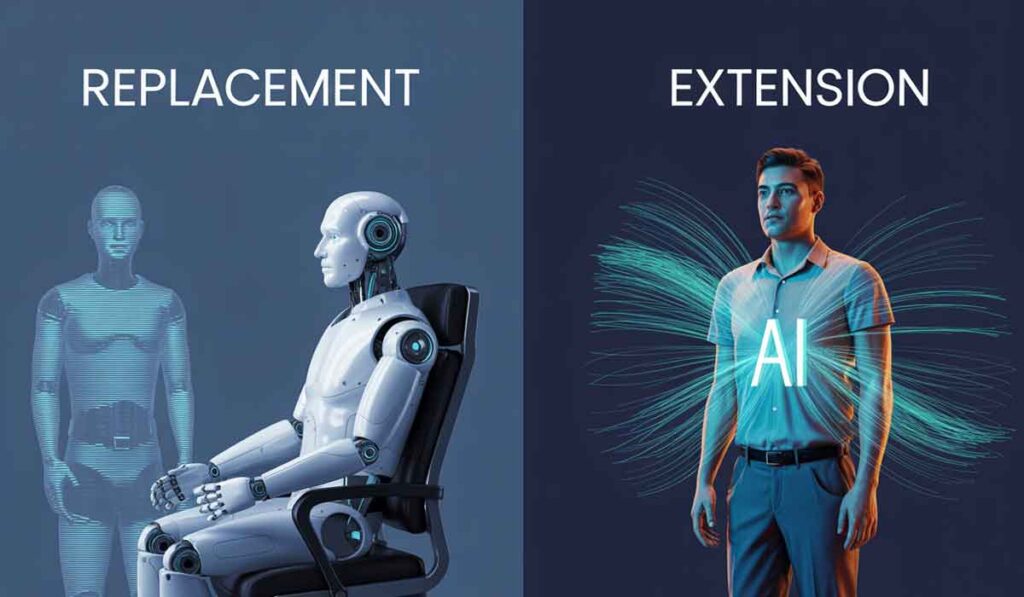 Split image: Left shows robots and a hologram labeled "REPLACEMENT"; right shows a man with "AI" and radiating lines, labeled "EXTENSION.