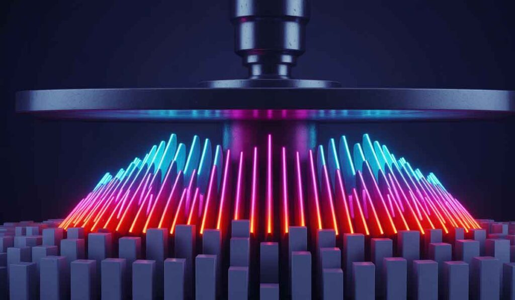 A metallic disc presses down on colorful, glowing vertical bars arranged in a circular pattern, with blue and red neon lights illuminating the scene.