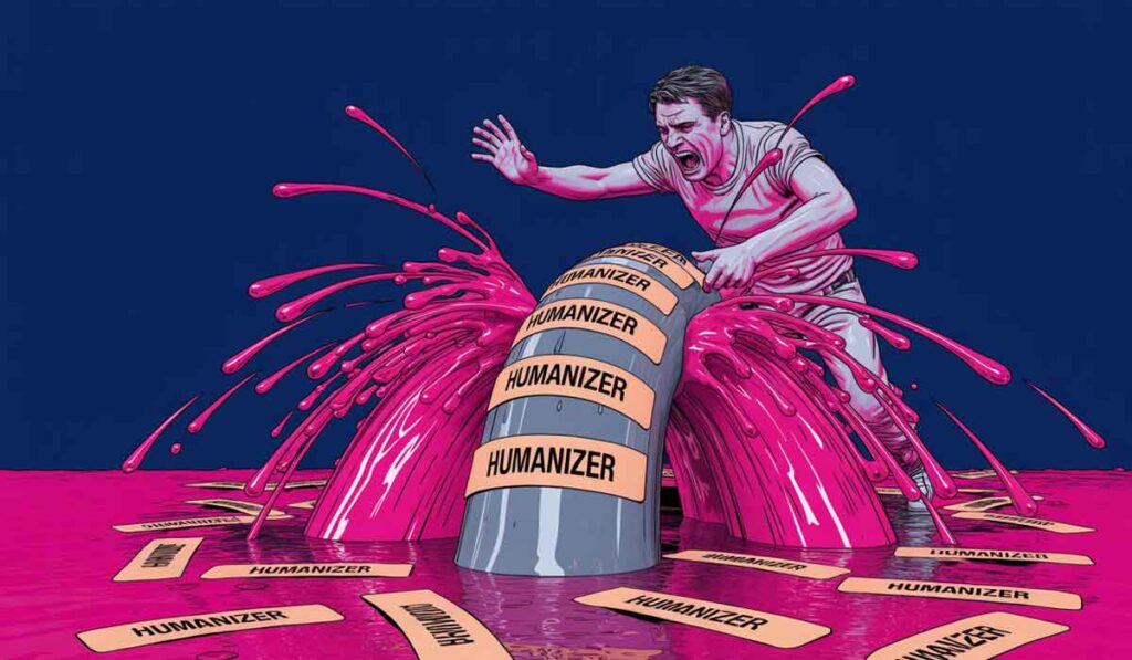 A man struggles to contain pink liquid spraying from a pipe labeled "HUMANIZER," with similar labels scattered on the ground around him.