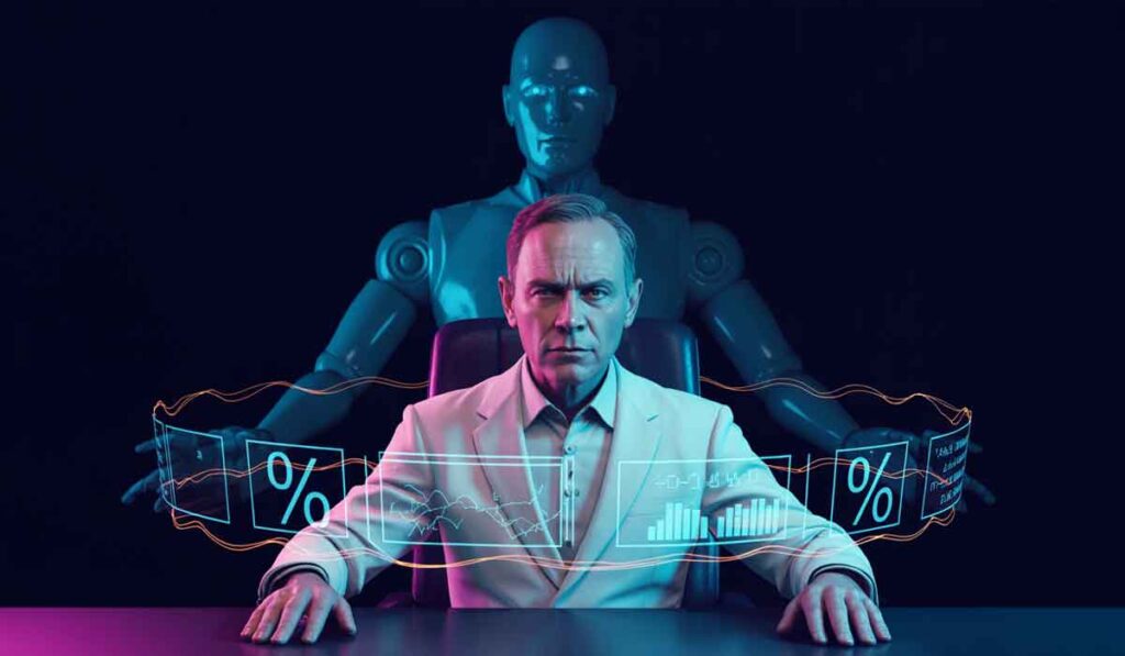 A man in a white suit sits at a desk with digital graphs and percentages, while a humanoid robot stands behind him in a dark setting.