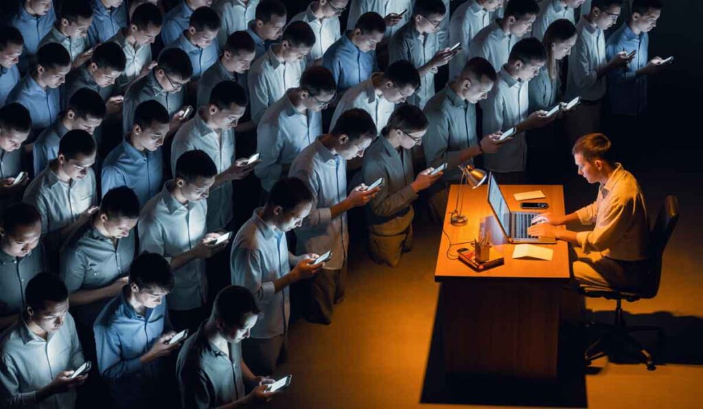 A group of people stand closely together looking at their phones while one person sits alone at a desk using a laptop, illuminated by a spotlight.