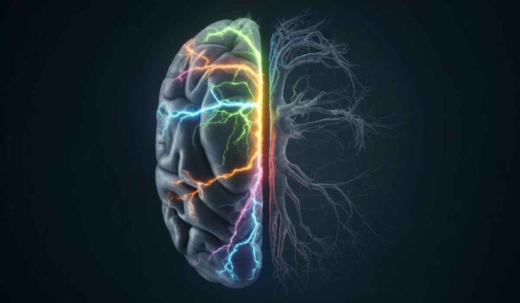 A human brain is shown with one half realistic and the other half resembling branching tree roots, highlighted by colorful lightning-like lines.