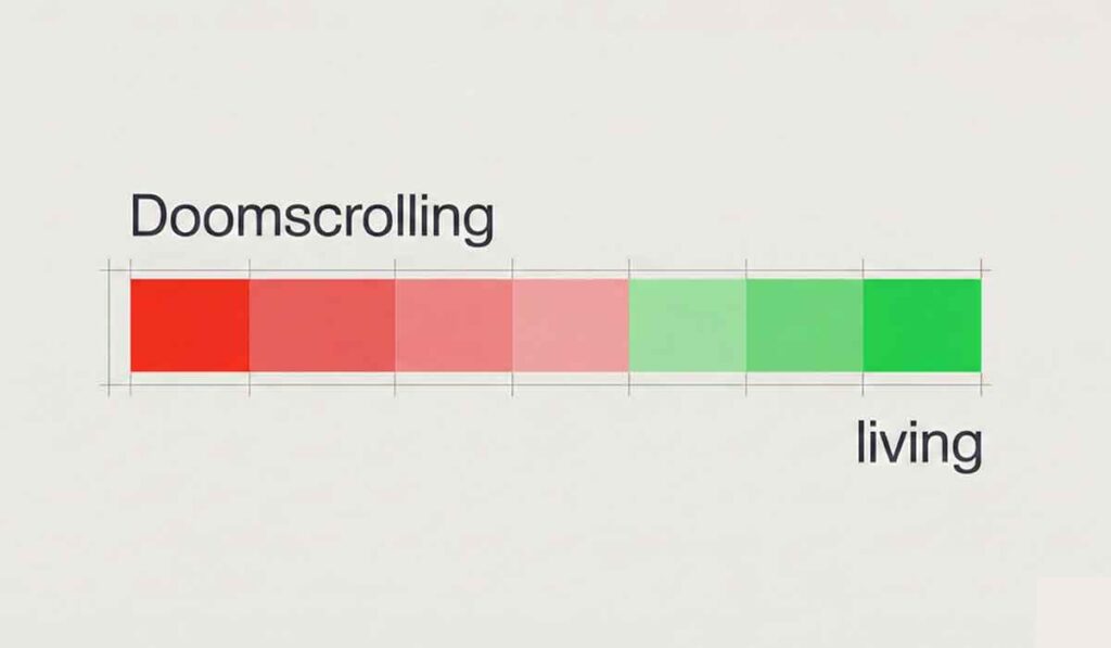 A horizontal bar graphic shows "Doomscrolling" in red shades on the left transitioning to "living" in green shades on the right.
