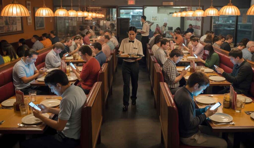 A restaurant is filled with diners sitting at tables, all focused on their smartphones, doomscrolling, while a server stands in the aisle holding a tray.