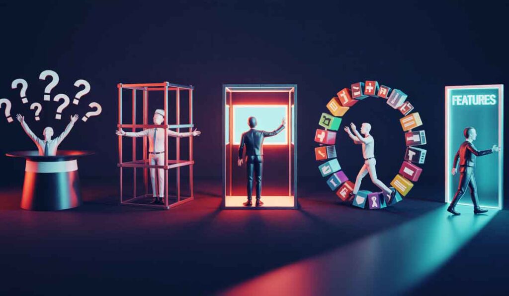 Five figures progress through stages: confusion with question marks, a cage, a doorway, selecting labeled blocks, and entering a door marked "FEATURES" against a dark background.