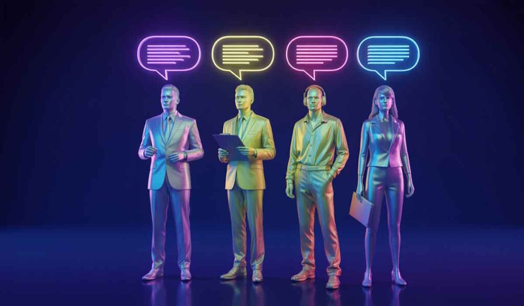Four metallic-looking figures stand side by side, each with a neon speech bubble above their head, against a dark background.