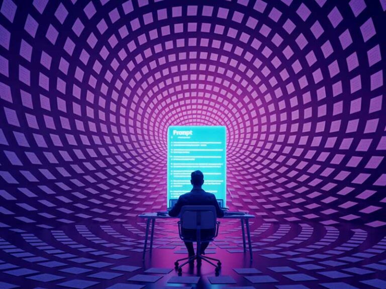 A person sits at a desk facing a large, glowing screen with text, surrounded by a purple tunnel of square patterns and scattered papers.