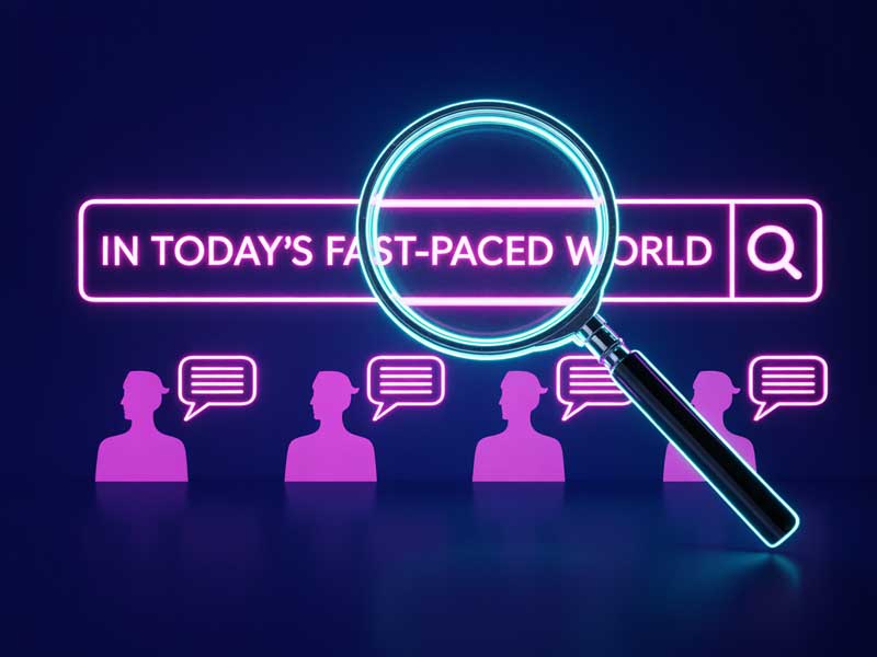 A magnifying glass hovers over a neon search bar reading "IN TODAY'S FAST-PACED WORLD," with silhouettes and speech bubbles in the background.