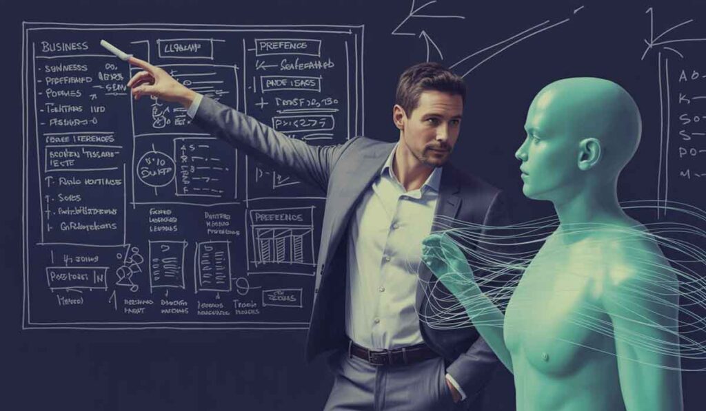 A man in a suit points to diagrams and notes on a chalkboard while a translucent, teal humanoid figure stands beside him.