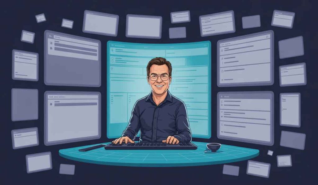 Illustration of Mark A Stafford sitting at a computer desk, surrounded by multiple large screens displaying various windows and documents, with a cup placed on the desk. He is doing The Intelligence Merge
