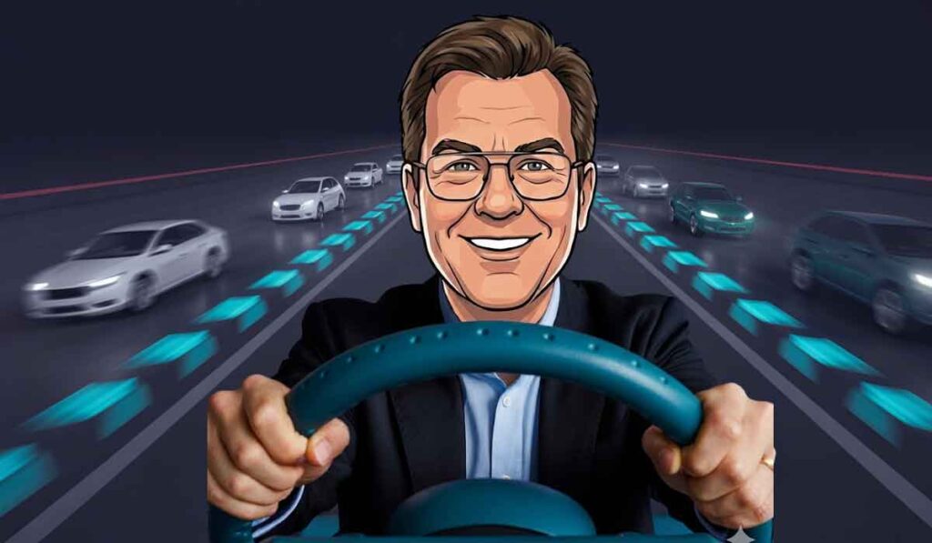 Cartoon Mark A Stafford Enjoying the intelligence merge with glasses and a suit smiles while driving, with multiple cars and blue lane markings on a dark road in the background.