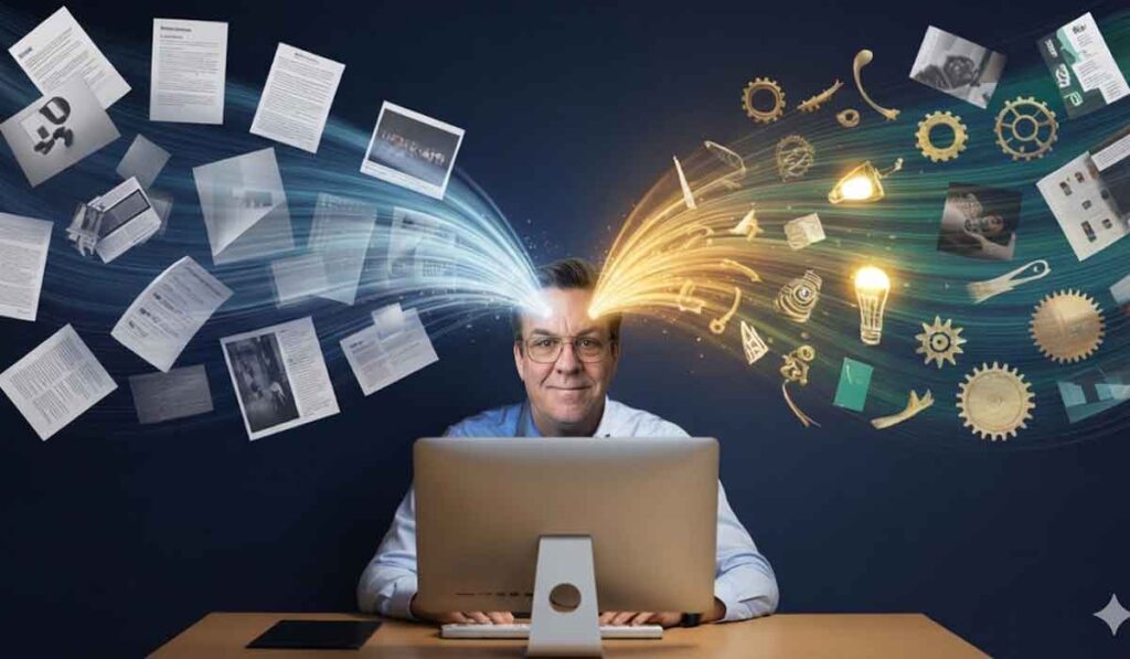 Mark A Stafford sits at a computer with illustrated streams of documents and ideas flowing from the monitor to his head, representing him discovering the intelligence merge