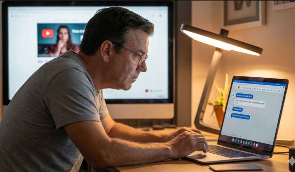 Mark A Stafford wearing glasses types on a laptop at a desk, with a monitor displaying a paused YouTube video and a desk lamp illuminating the workspace.