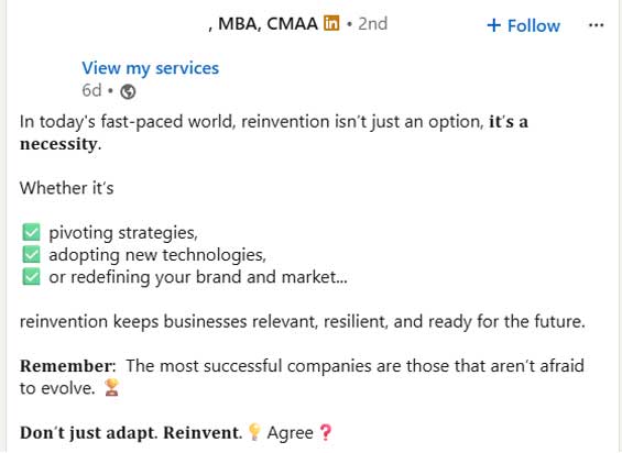 A LinkedIn post stresses the necessity of business reinvention, listing strategy pivots, new tech adoption, and brand redefining as key actions, with reminder to adapt and reinvent.