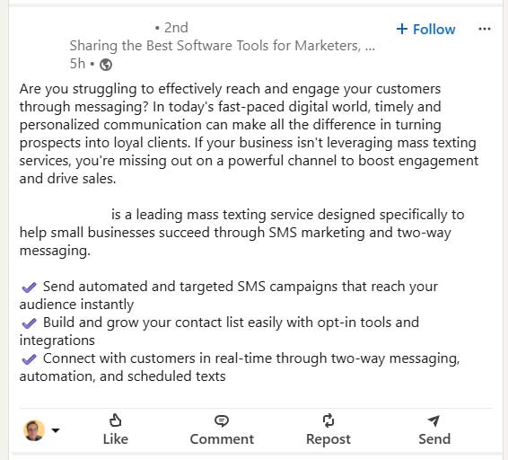A Facebook post promotes a mass texting service, highlighting benefits like targeted SMS campaigns, contact list growth, and two-way messaging for business engagement and sales.