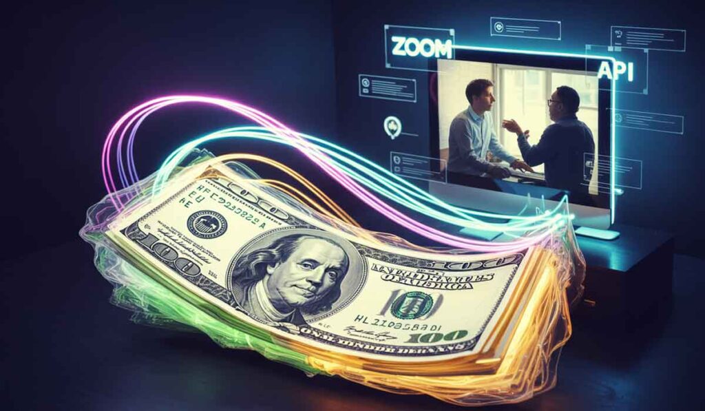 A stack of hundred-dollar bills with neon light trails in front of a computer showing two people in a video call, with “Zoom” and “API” displayed on the screen.
