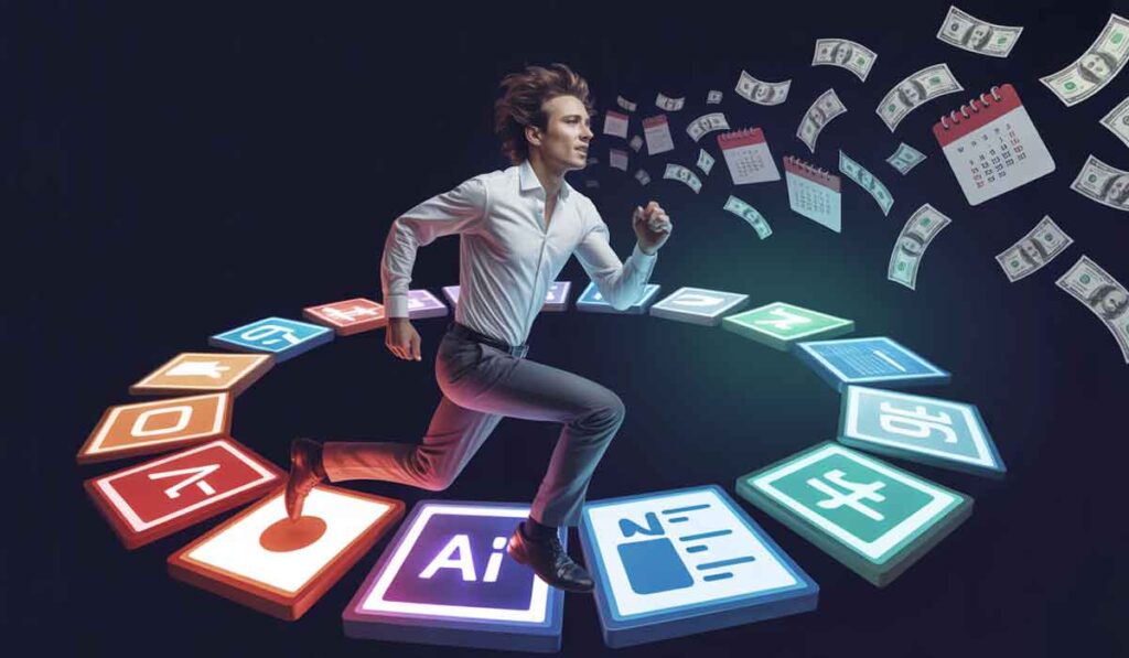 A person in business attire runs on a circular path made of AI-related icons, with floating cash and calendar pages in the background, representing pursuit of financial gains through AI.