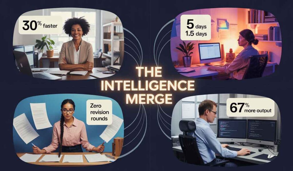 Four professionals working at desks, each with performance stats: 30% faster, 5 days to 1.5 days, zero revision rounds, and 67% more output. Text reads "The Intelligence Merge.