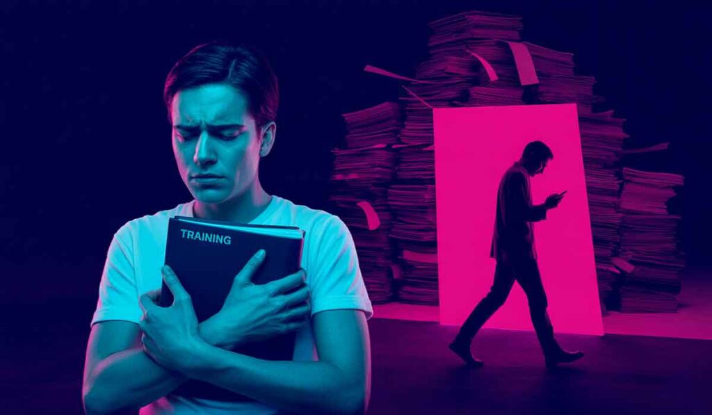 A young person holds a training book with a worried expression, while another person looks at a phone near a large stack of papers and a glowing doorway.