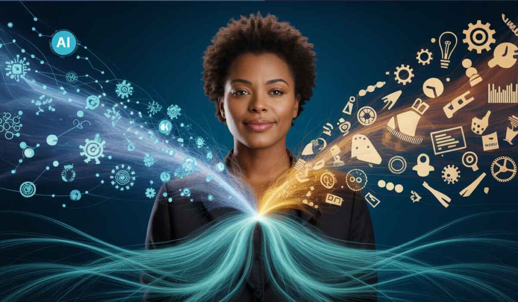 A woman stands centered with digital graphics, including AI and technology icons, radiating from both sides, symbolizing innovation and connection.