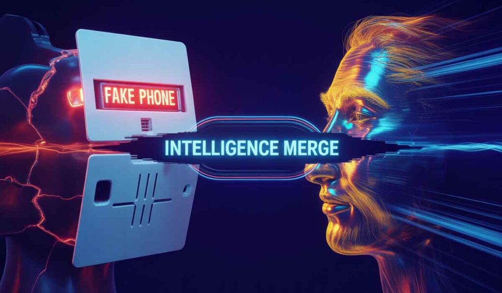 A digital illustration of a robotic face labeled "Fake Phone" facing a human face, with the words "Intelligence Merge" between them, symbolizing human-AI integration.