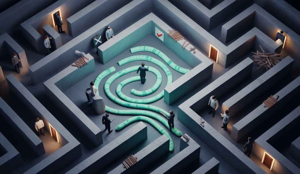 A person stands at the center of a labyrinthine maze with glowing green paths, surrounded by others navigating through different corridors and doorways.