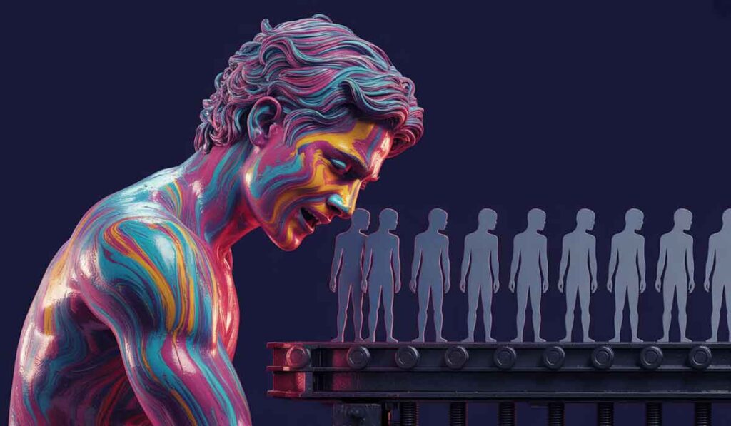 A colorful, painted statue of a man looks down at a conveyor belt carrying identical gray human figures against a dark background.