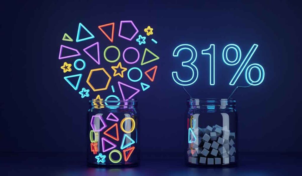 Two jars: one filled with colorful neon geometric shapes, the other with white cubes and a glowing "31%" above it, set against a dark background.