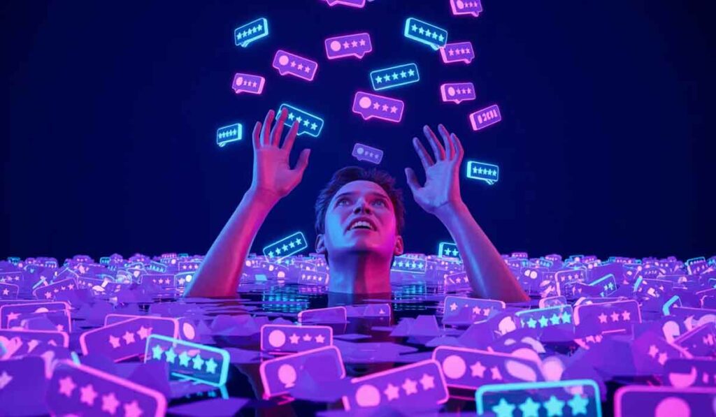 A person surrounded and overwhelmed by floating digital icons of likes, comments, and ratings in a vibrant neon-lit environment.
