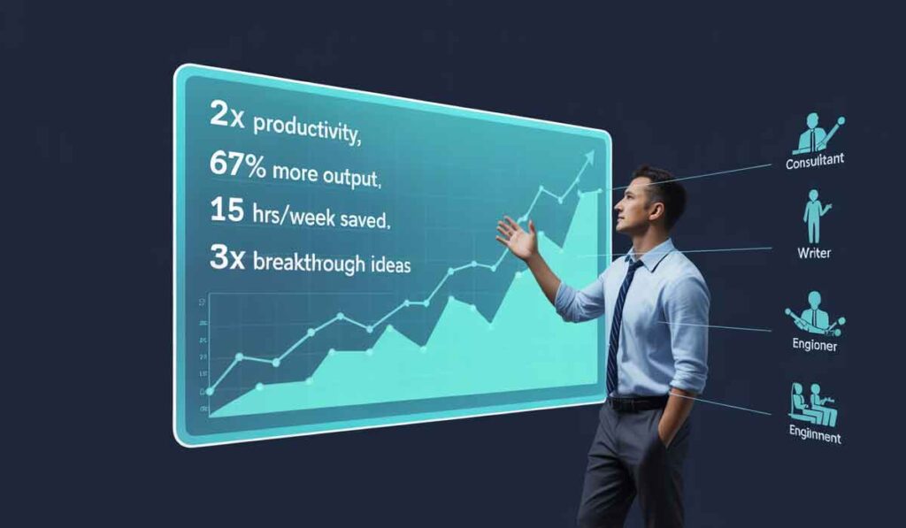 A man in business attire gestures toward a large digital graph displaying productivity statistics and role icons labeled Consultant, Writer, Engineer, and Engineer.