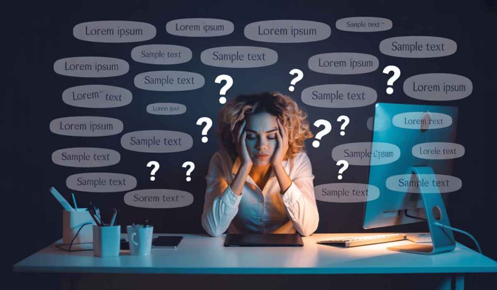 A person sits at a desk with their head in their hands, surrounded by question marks and speech bubbles containing placeholder text, in front of a computer.