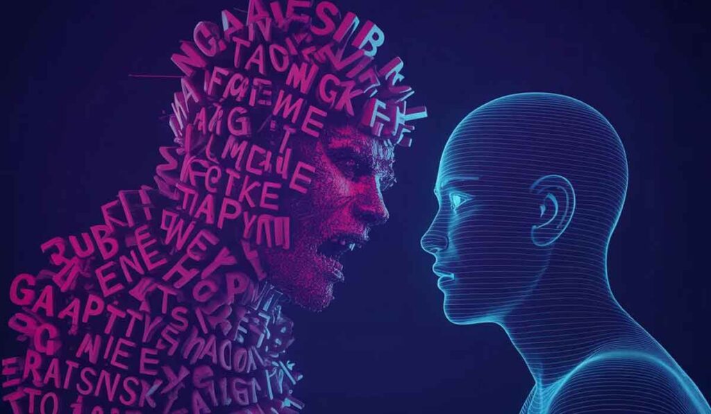 A digital illustration shows a figure made of jumbled letters facing a wireframe human figure, both set against a dark background.