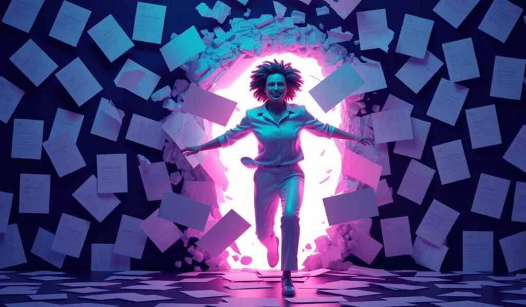 A person runs energetically through a glowing, broken wall, surrounded by floating sheets of paper against a dark background.