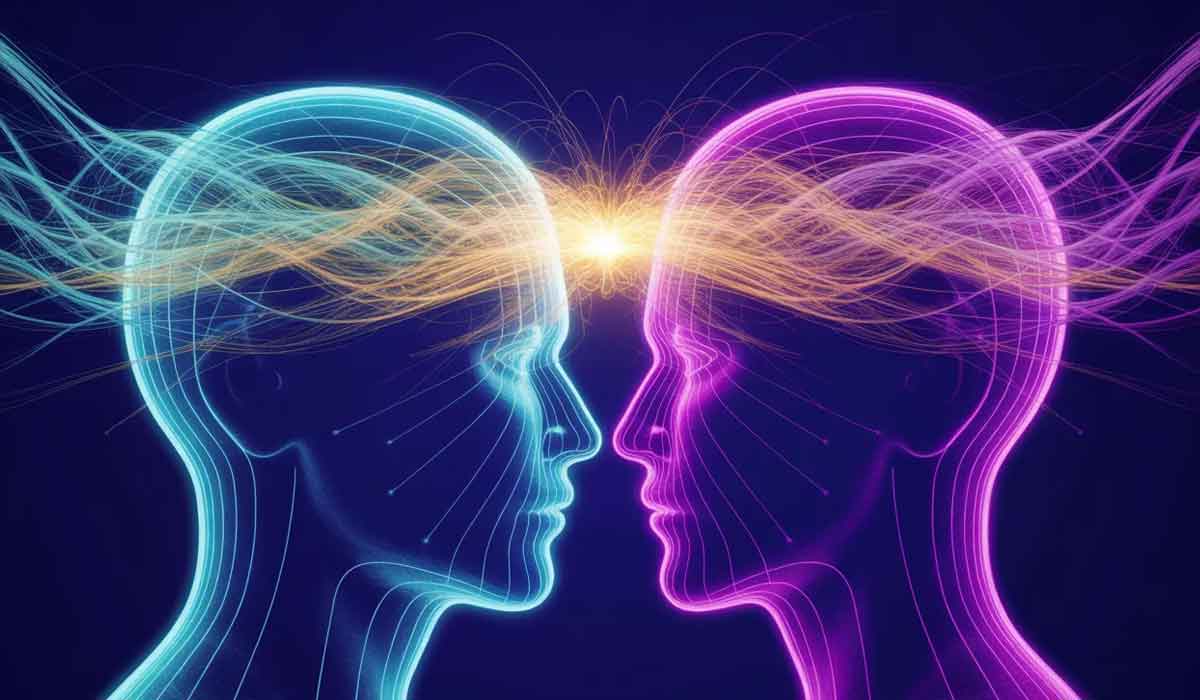 Two neon-outlined human profiles face each other with swirling lines connecting their foreheads, symbolizing The Intelligence Merge against a dark background.