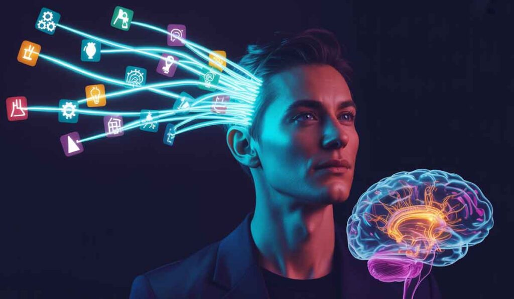 A man looks ahead as colorful digital icons flow from his head toward a glowing brain illustration, representing technology and human cognition.