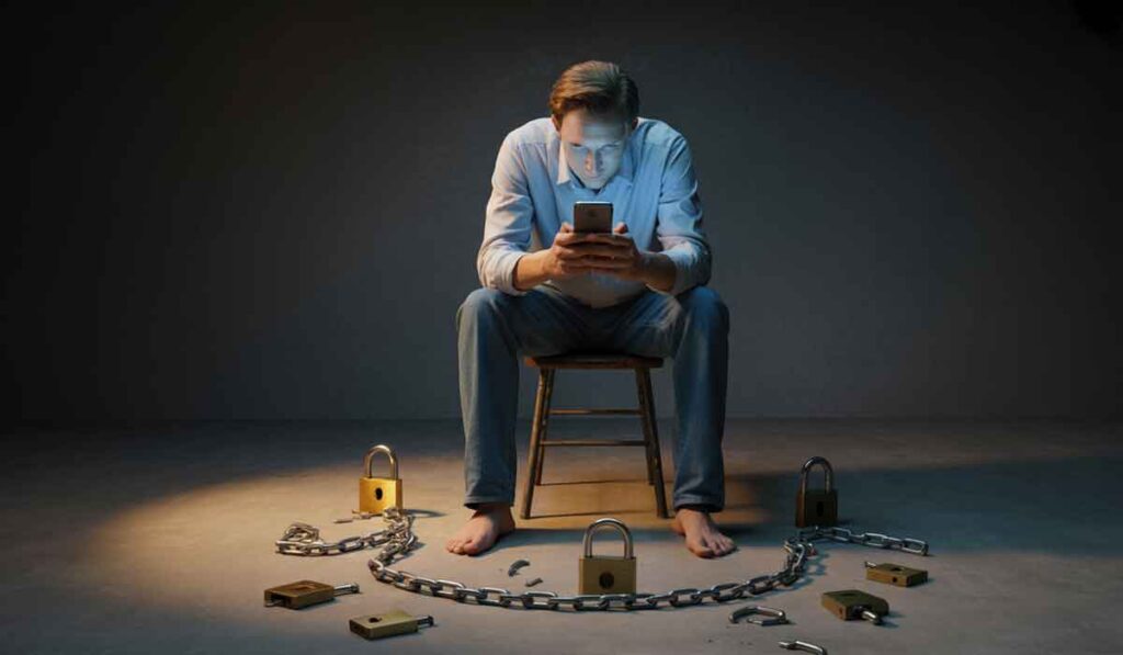 A man sits barefoot on a stool, focused on his phone doomscrolling, surrounded by large padlocks and a broken chain on the floor.
