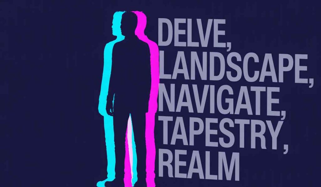 Silhouettes of two people, one in blue and one in pink, overlap on a dark background next to large words: "Delve, Landscape, Navigate, Tapestry, Realm.