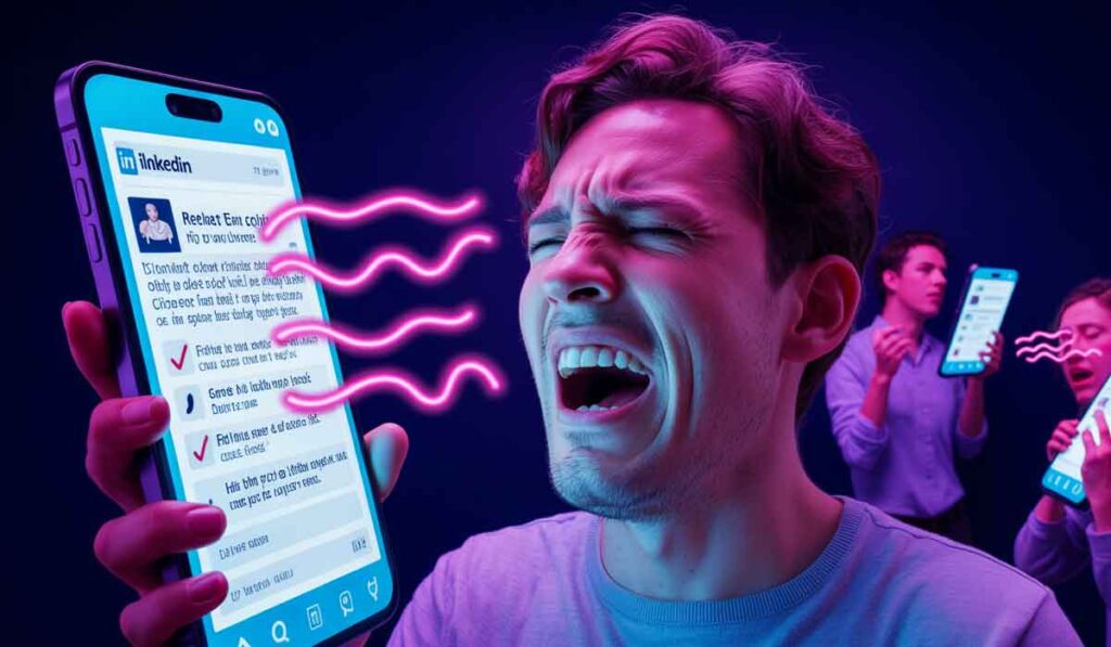 A man screams at a smartphone displaying a LinkedIn page, with pink wavy lines illustrating digital stress; others in the background hold phones with similar expressions.