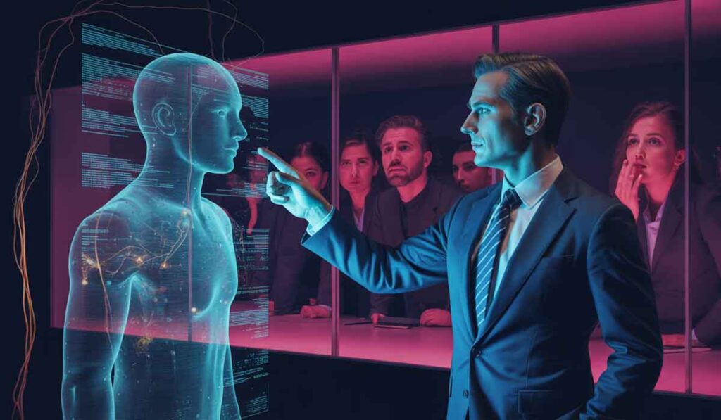 A man in a suit interacts with a digital human hologram while a group of people watch intently behind glass under neon lighting.